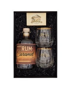 Rum Carmel Geschenk-Box mit Rum Caramel und 2 Prinz Tumblern. 