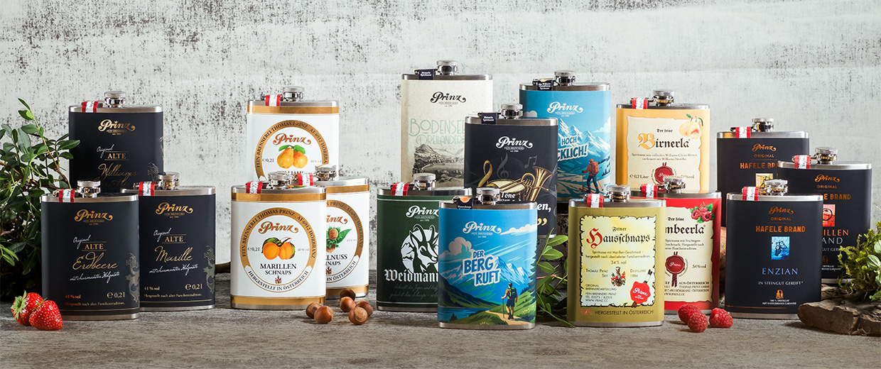 Prinz Edelstahl-Flachmänner - gefüllt mit Original Prinz Spezialitäten Prinz Edelstahl-Flachmänner - gefüllt mit Original Prinz Spezialitäten